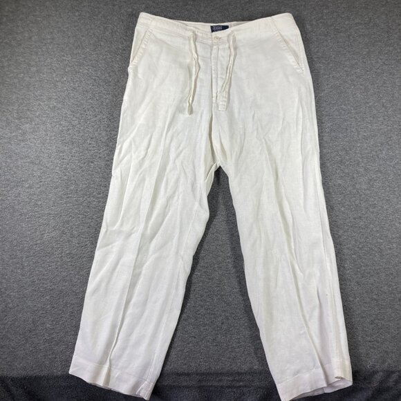 Vintage Polo Ralph Lauren 100% Linen Drawstring Pants Mens Medium M White Beachy - Picture 1 of 10